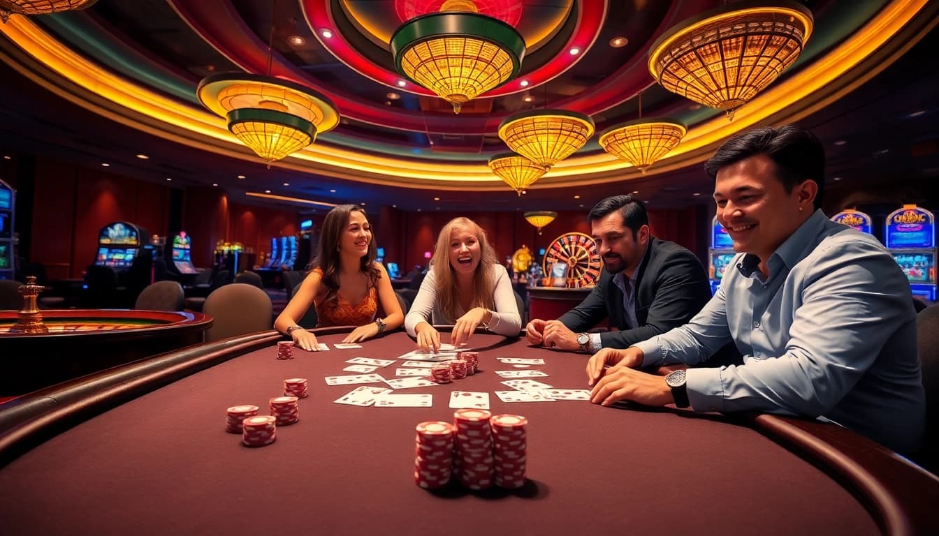 Players enjoy a thrilling game at topclub, surrounded by vibrant casino elements for an exciting experience.
