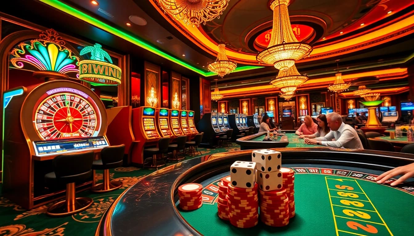 Exciting casino scene with roulette, poker, and slot machines representing 33WIN.