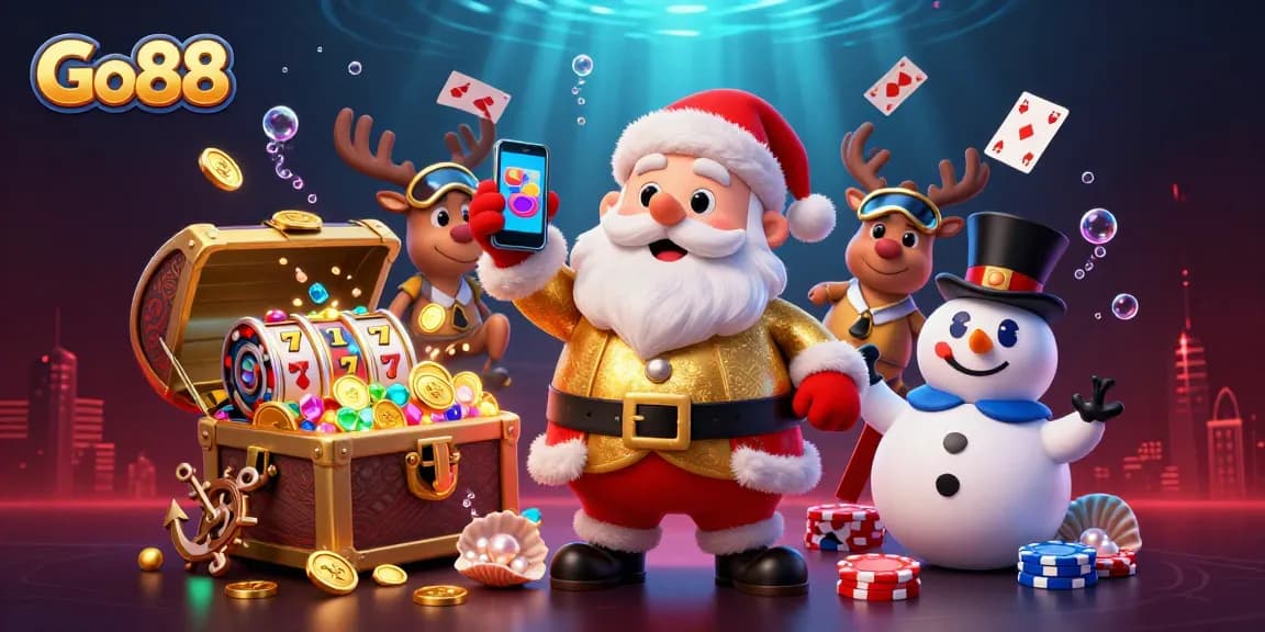 Join Go88 for exciting jackpot slots with Santa and his fun companions in this vibrant casino scene.