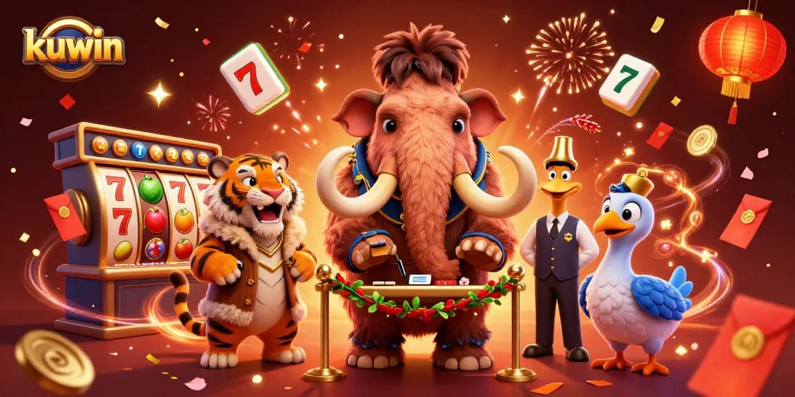 Kuwin spins into action with a vivid casino scene featuring a mammoth bouncer, saber-tooth tiger guest, and festive elements.