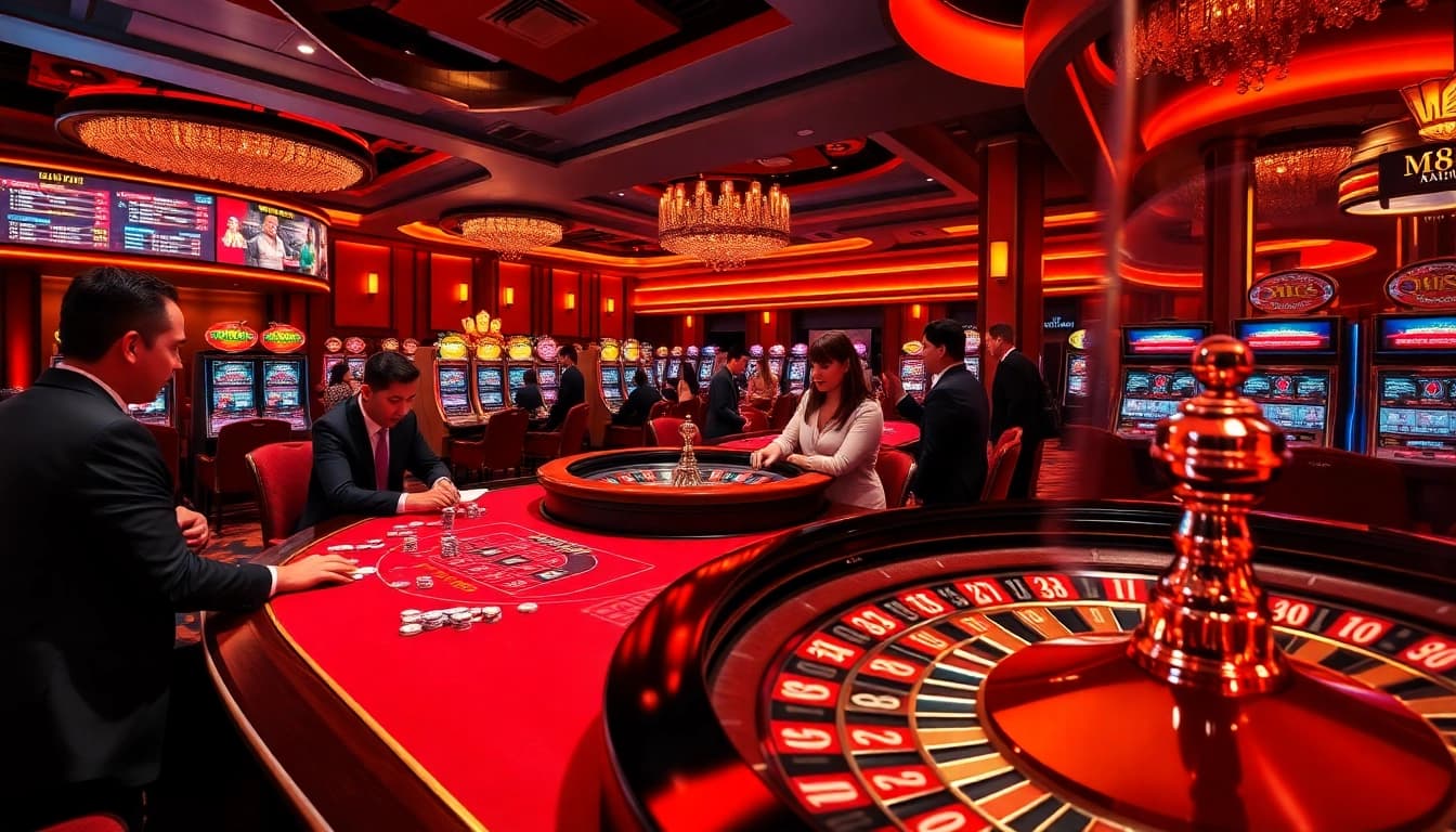 HM88 casino table with players joyfully betting on poker and roulette.
