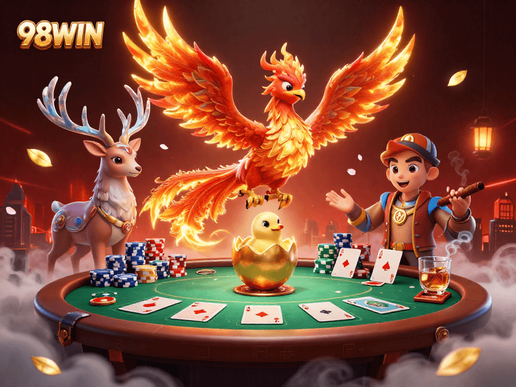 Engage with thrilling 98WIN gaming moments amidst captivating visuals and dynamic poker elements.