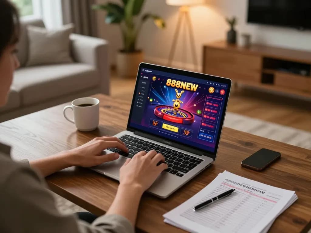 Engaging in exciting gameplay at 888NEW casino platform from the comfort of home, showing player focused on laptop screen.