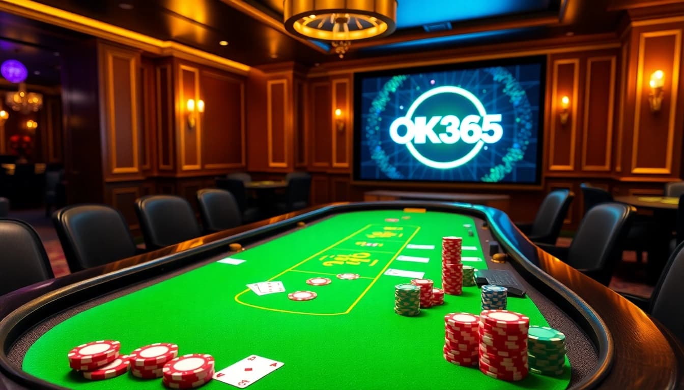 Experience thrilling online gambling at OK365 with vibrant poker chips and cards.
