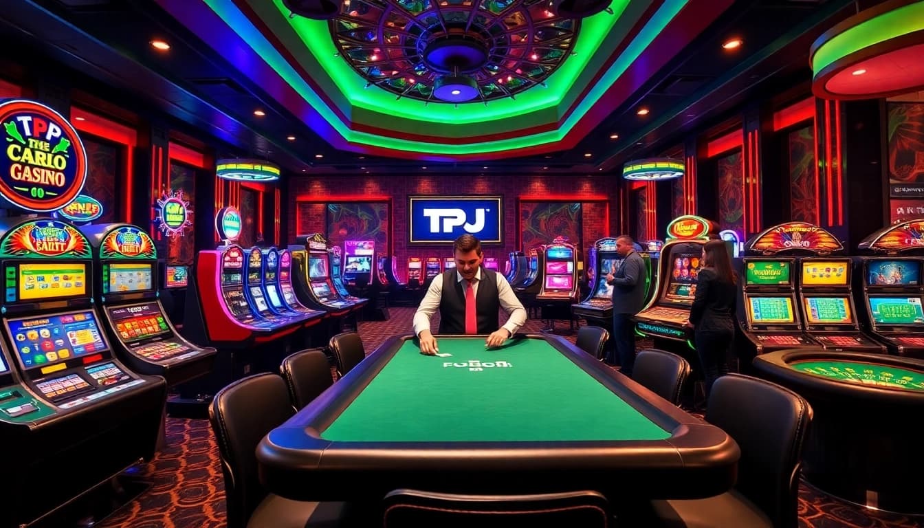 TPJ casino scene featuring vibrant gaming tables, engaging players, and professional dealers.