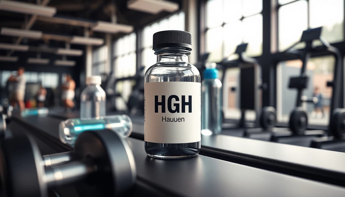 HGH kaufen: Flasche für Wachstumshormon auf einem Trainingsregal im Fitnessstudio.