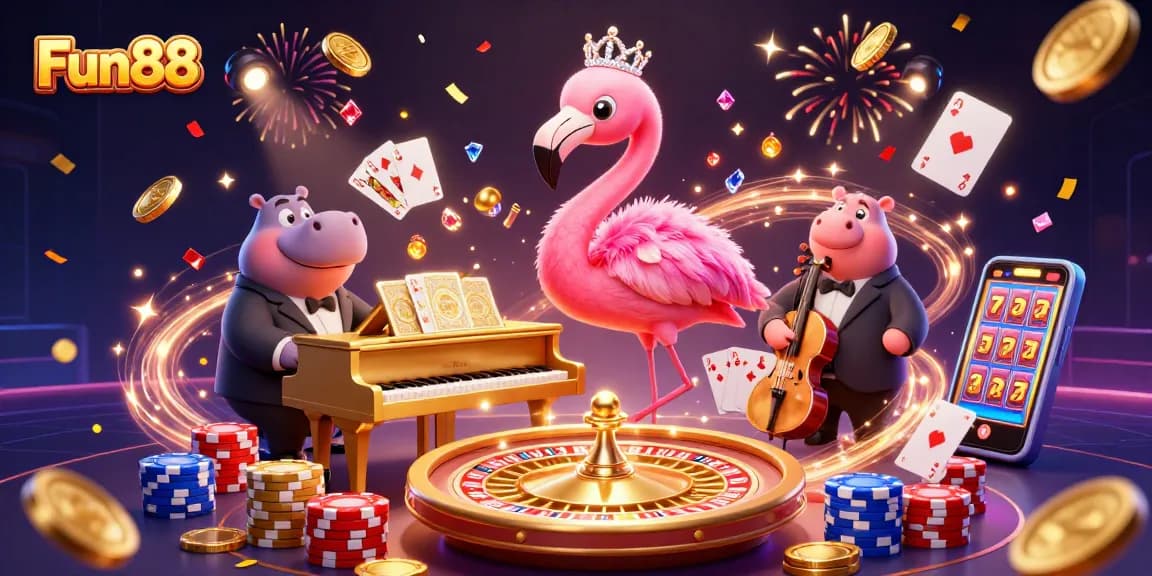 Experience Fun88's vibrant casino with a flamingo singer, hippo bassist, and dynamic gaming atmosphere.