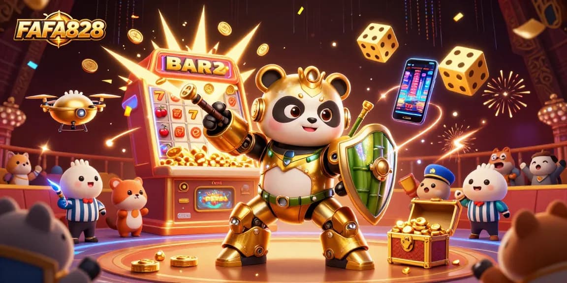 Experience FAFA828 with a vibrant 3D illustration of an exciting casino scene filled with lively game elements.