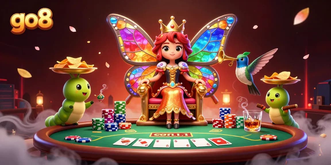 Engage in thrilling games at go8, featuring a vibrant casino scene with poker elements and playful characters.