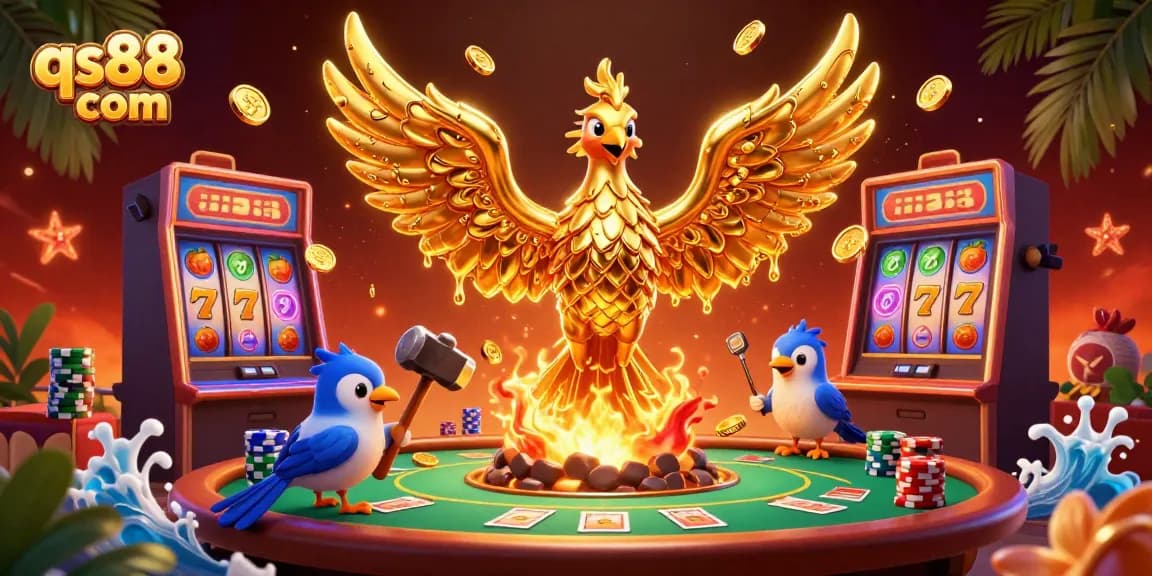 Spin to win with QS88 com's rich slot atmosphere featuring golden phoenix, vibrant slot reels, and poker action.
