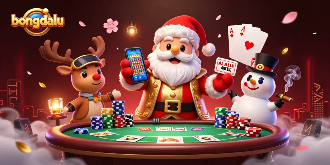 Bongdalu showcases festive gaming excitement with Santa, reindeer, and snowman in a vibrant casino setting.