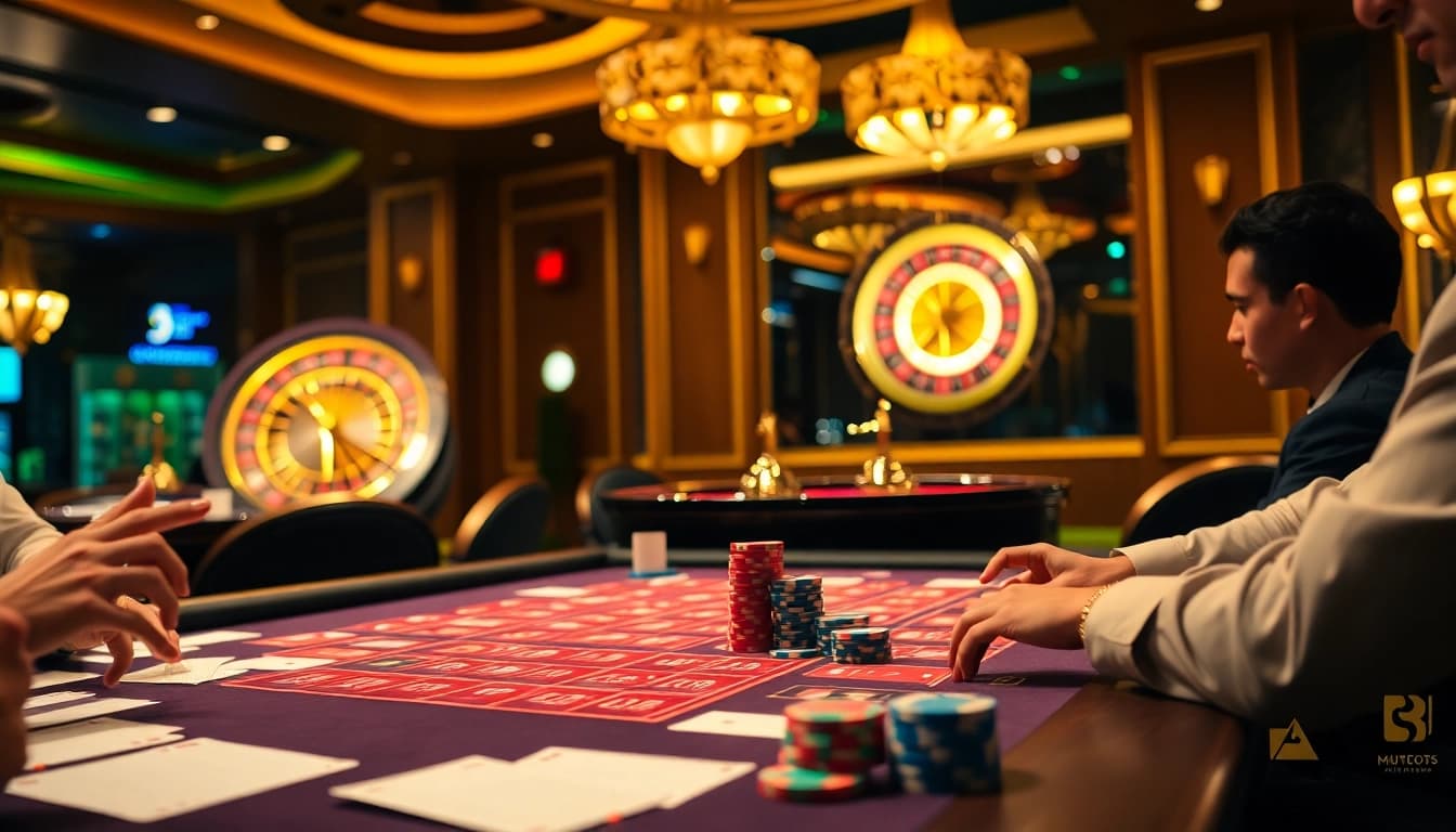 Players strategizing on bạch thủ lô kép at a vibrant casino gaming table, full of excitement.