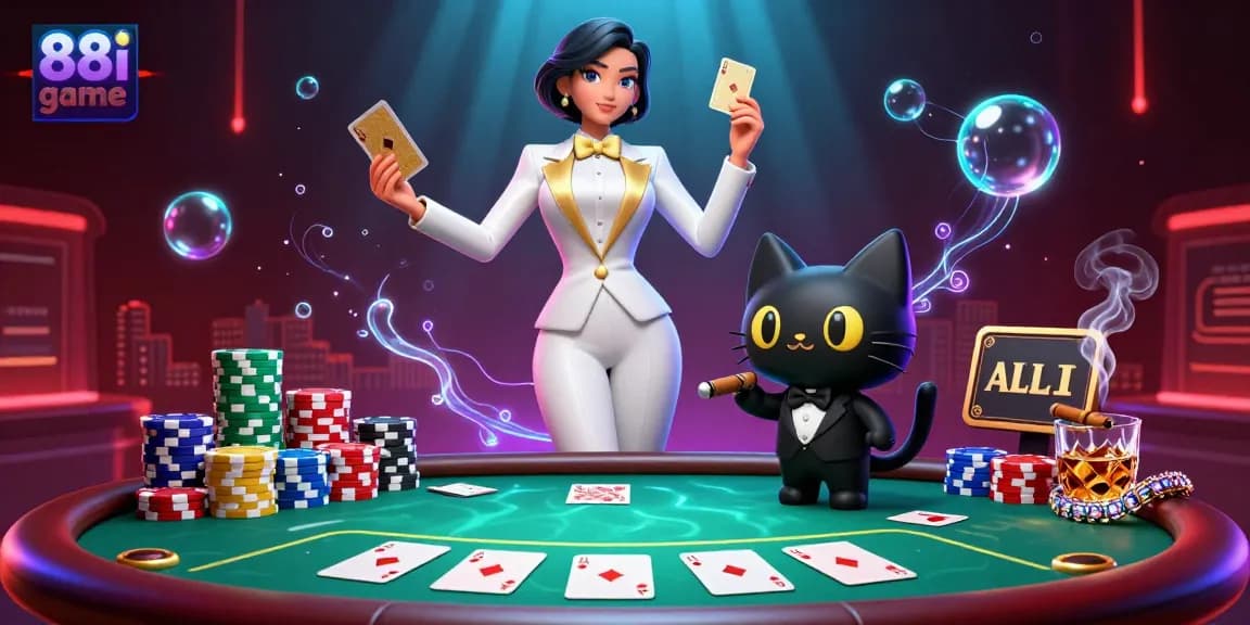 Experience the excitement of 88i game with a stylish poker scene featuring vibrant characters and dynamic chips.