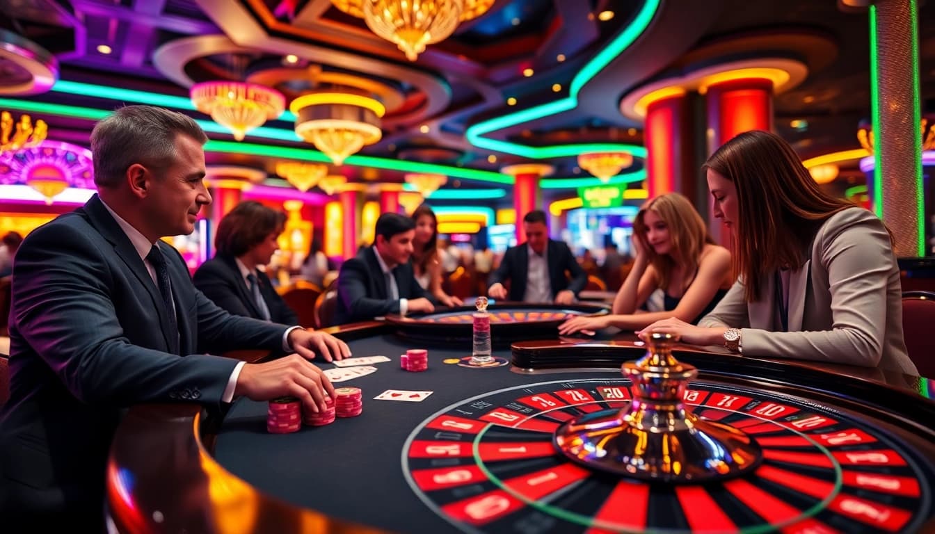 Erlebe Golisimo Germany in einem lebhaften Casino mit Spielern und Rouletterad.