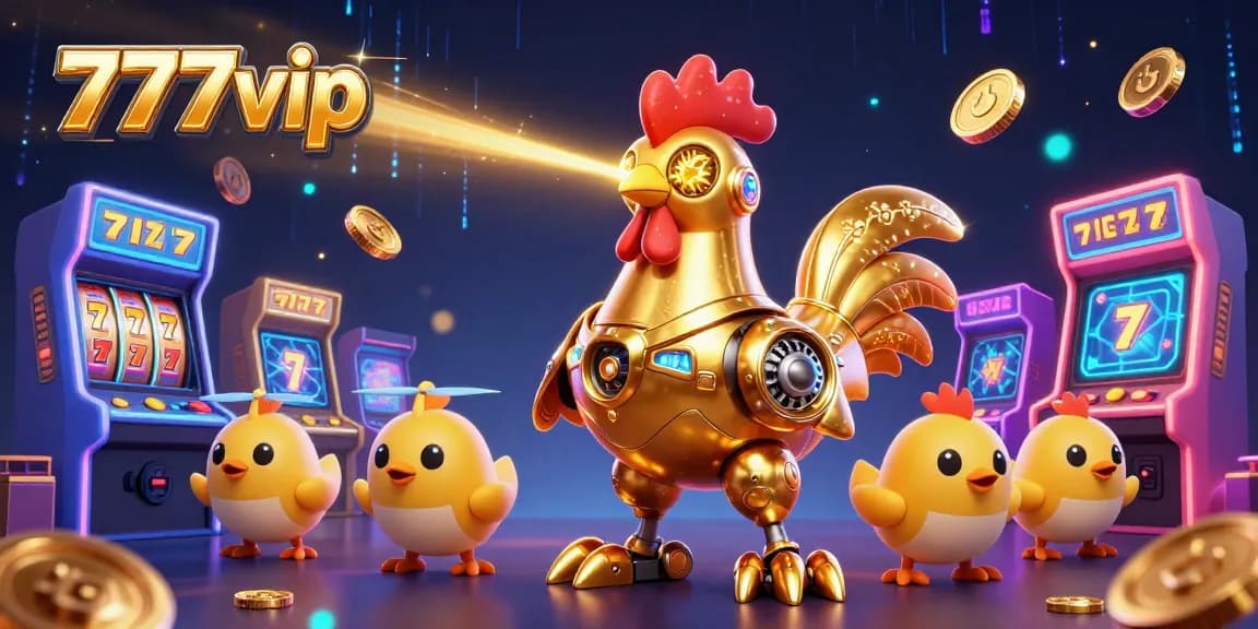 Experience thrilling gameplay with the 777vip golden rooster robot amidst vibrant casino elements.
