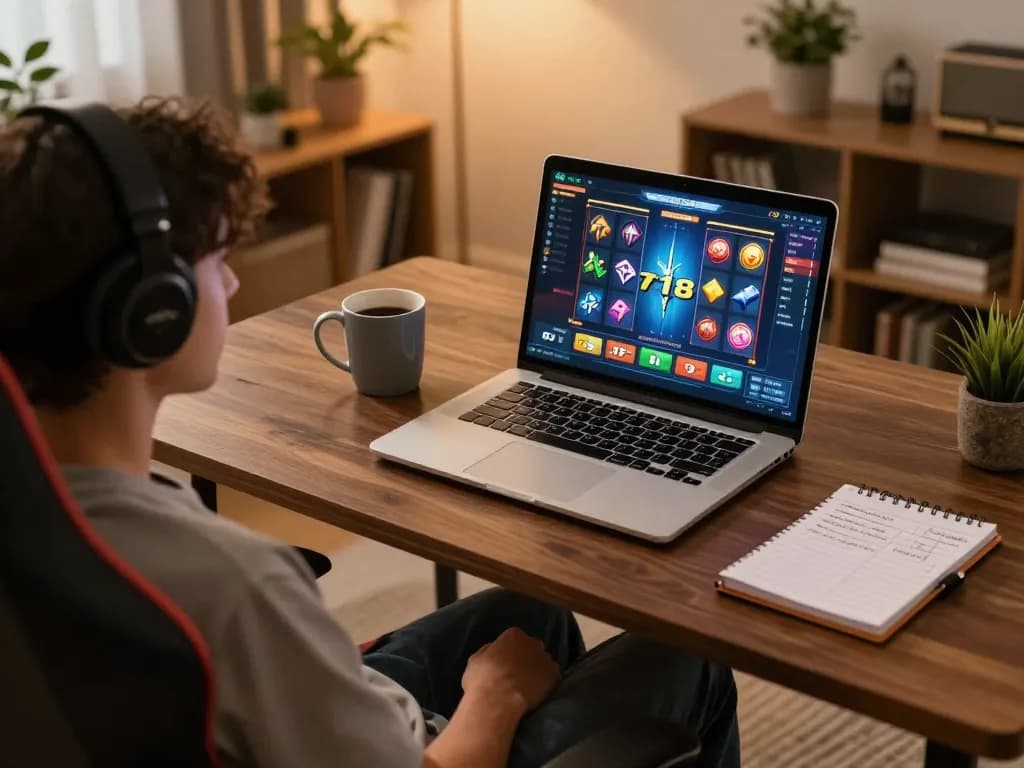 Engaged player exploring the f168 game interface on a laptop in a cozy home gaming setup.