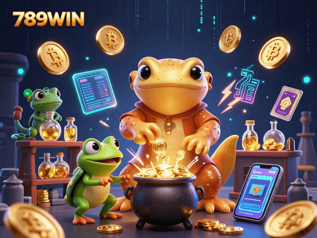 Win big with 789WIN's vibrant 3D casino-themed illustration showcasing modern crypto elements.