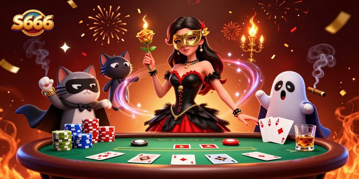 S666 celebrates winning moments with a captivating casino scene featuring a glamorous woman and game elements.