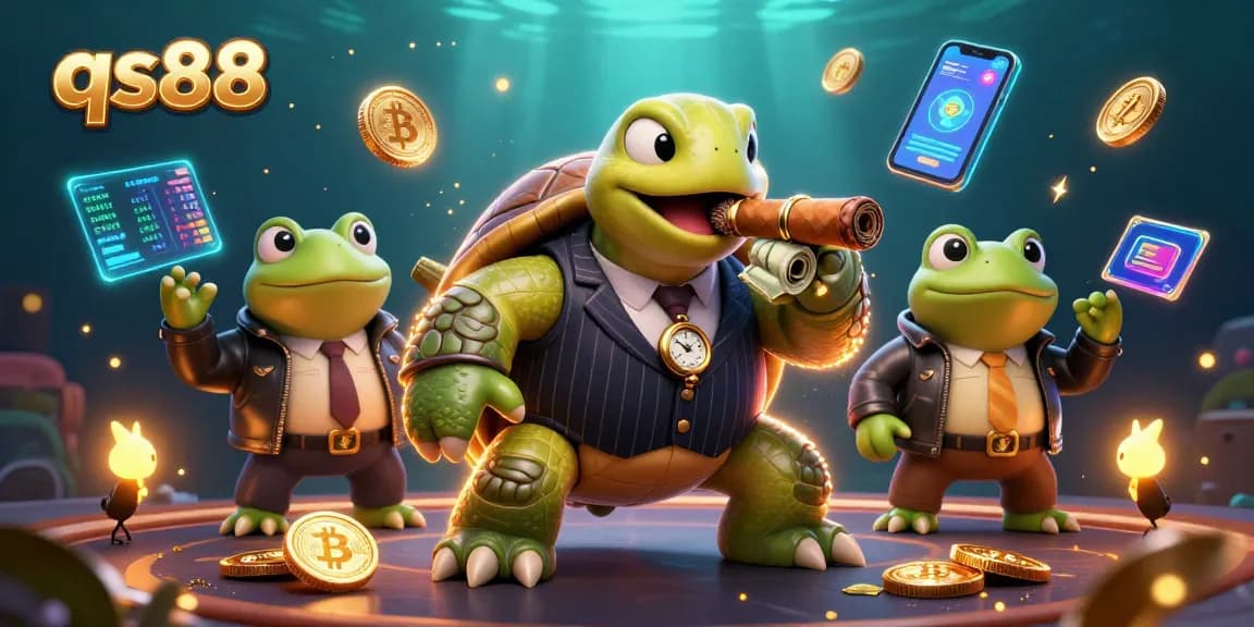 Engage with qs88's vibrant casino adventure featuring a snapping turtle mobster and bullfrog enforcers.