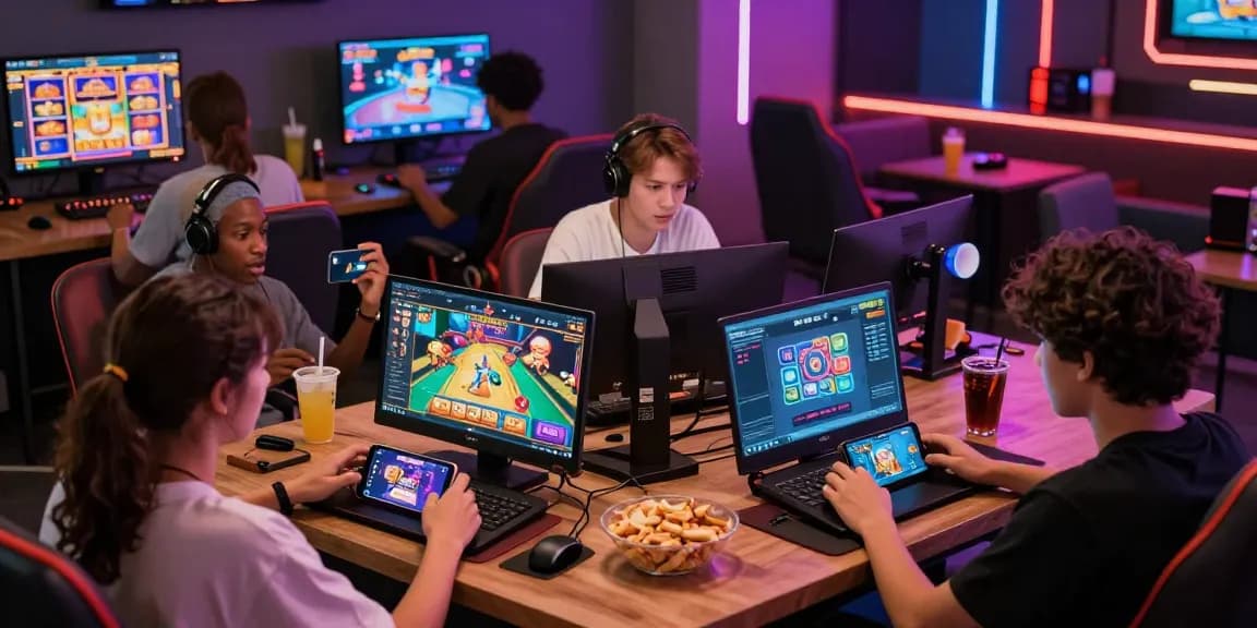 Dynamic gaming experience at https://gemwin.pics/ with players enjoying diverse games in a vibrant lounge setting.