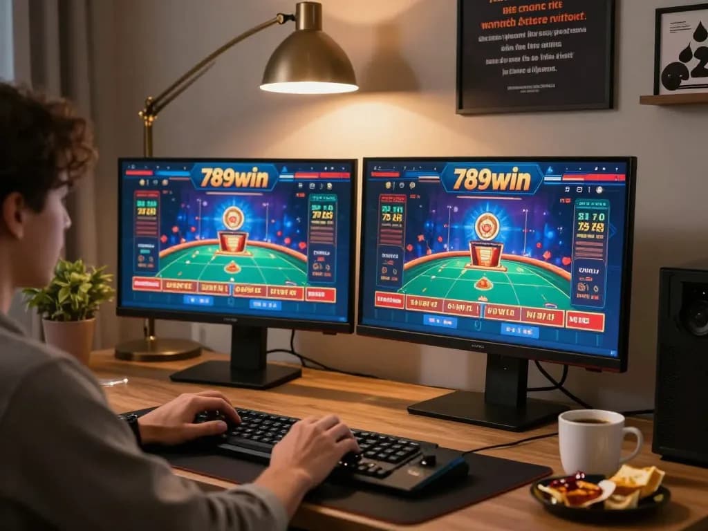 Engaging online gaming experience at casino 789win with players enjoying betting action on dual monitors.
