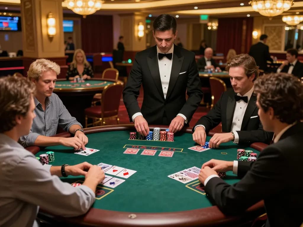 Go8 players engaging in strategic blackjack gameplay at a luxurious casino table with elegant decor.