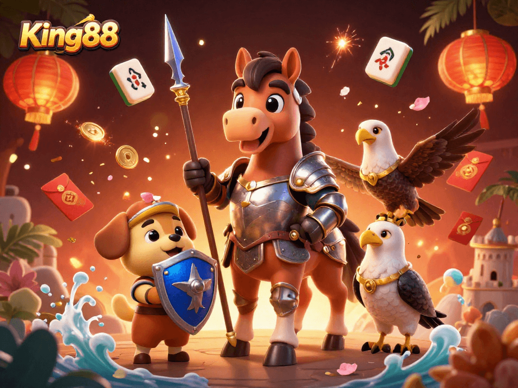 Join the excitement at King88 with a thrilling gambling scene featuring vibrant 3D elements and characters.
