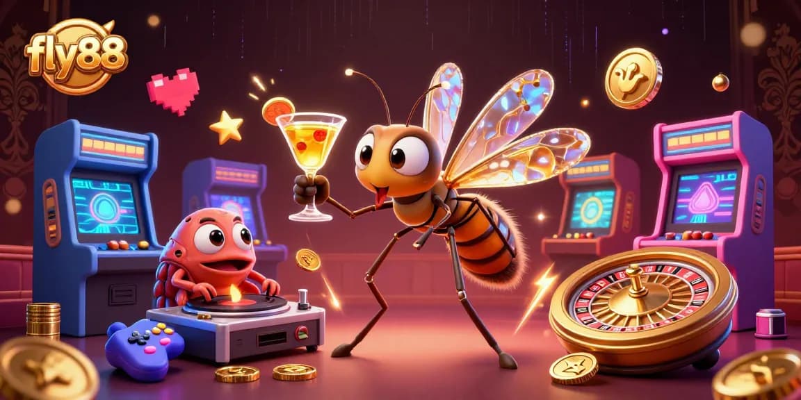 Experience fly88 in a vibrant casino scene with dynamic 3D characters and gaming elements.