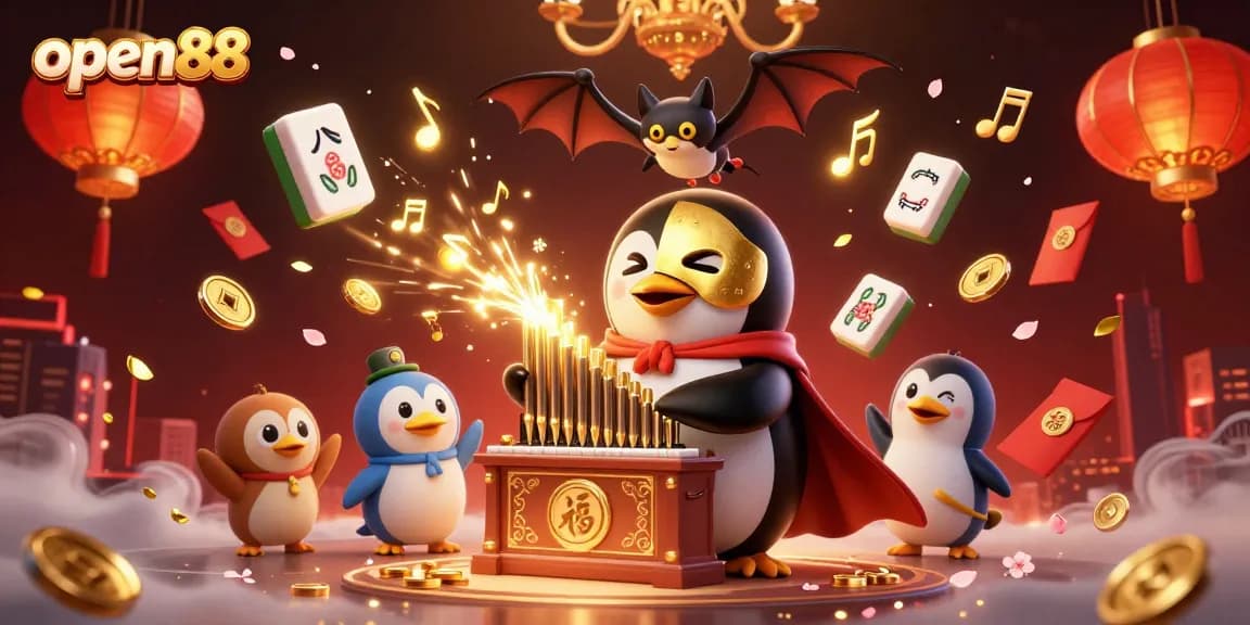 Experience dynamic gaming action with open88's thrilling illustration featuring a cartoon penguin and golden treasures.