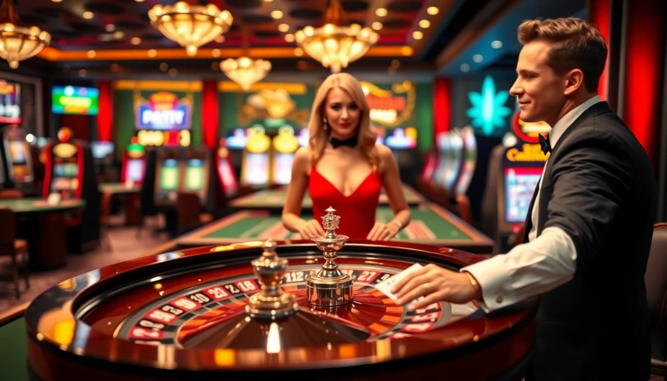 Spielen Sie spannende Casino Spiele.de an einem eleganten Tisch mit einem Dealer.