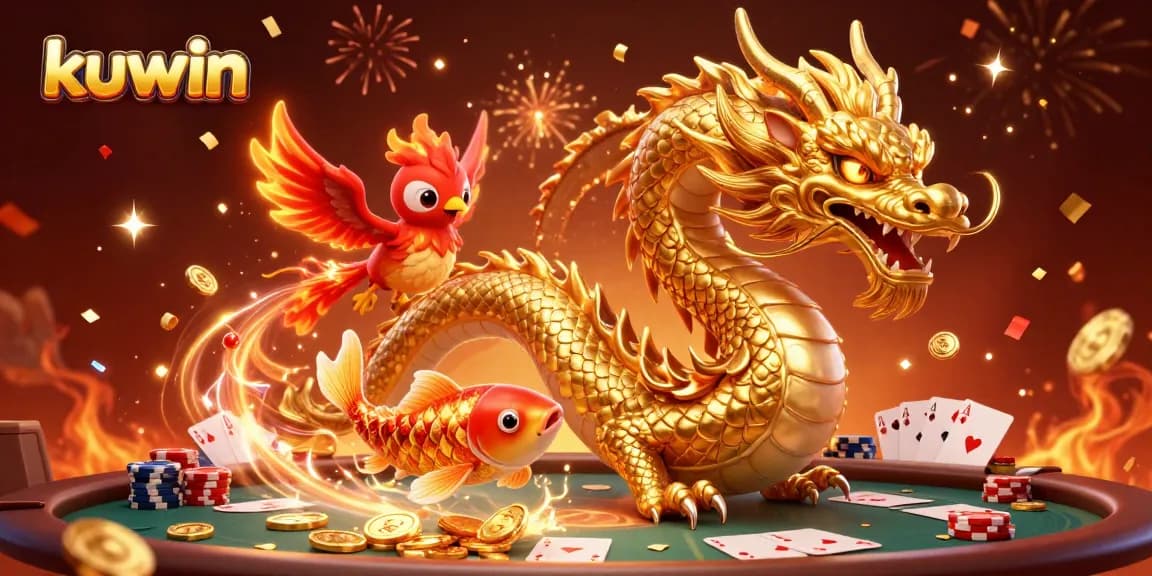 Kuwin reveals winning poker strategies with a vibrant, celebratory illustration featuring a dragon, phoenix, and koi fish.