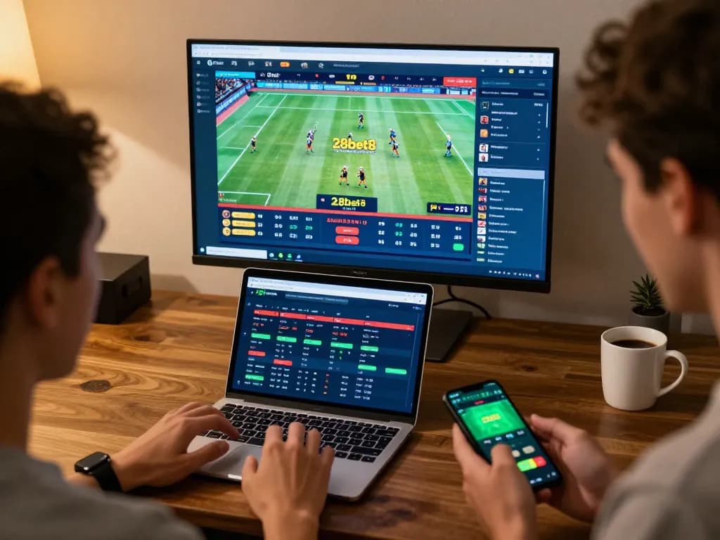Excited player betting on 28bet8 sports app during live match on a modern gaming setup.