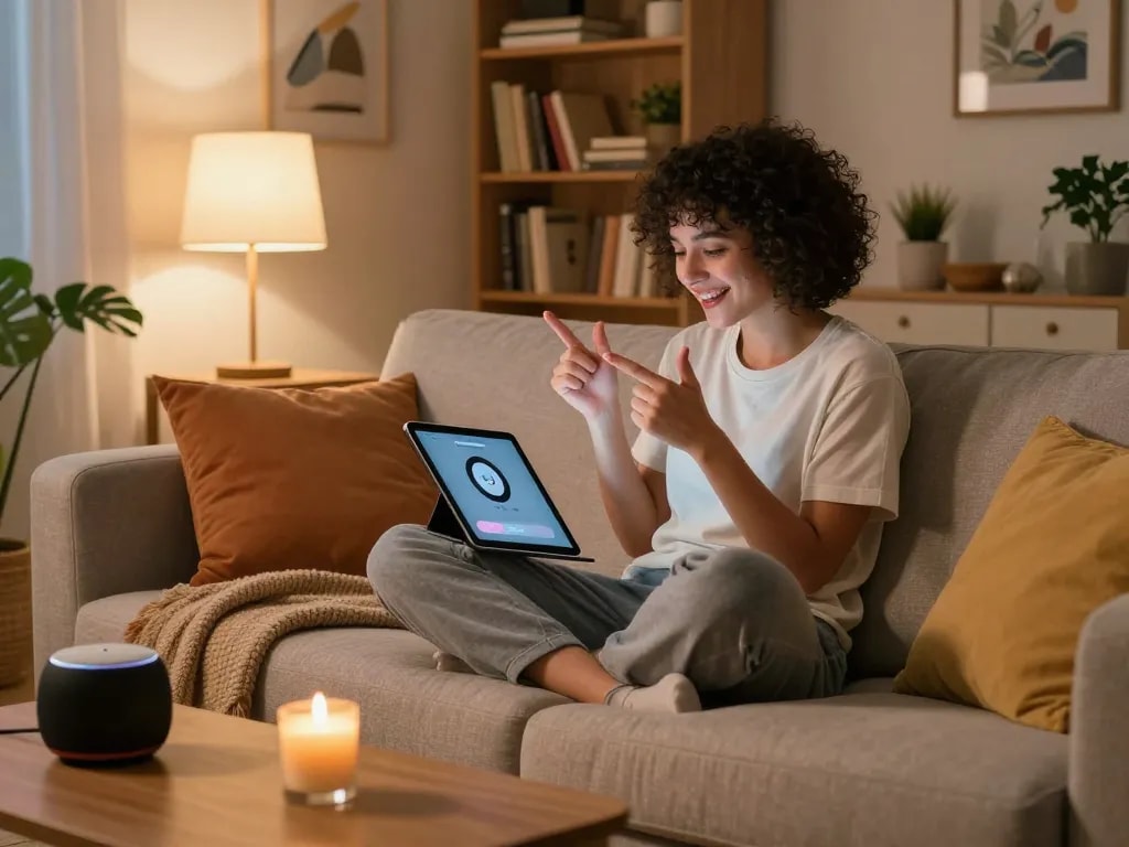 Sexting AI conversation on tablet in cozy home setting with warm lighting