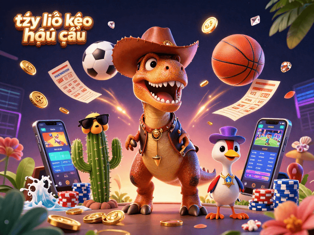 Engage with tỷ lệ kèo nhà cái through thrilling sports betting strategies illustrated with dynamic 3D characters.