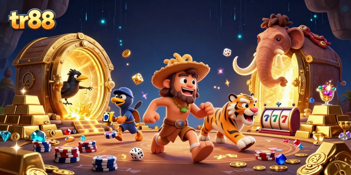 tr88 showcases an engaging prehistoric casino scene with unique characters, stone poker chips, and radiant treasures.
