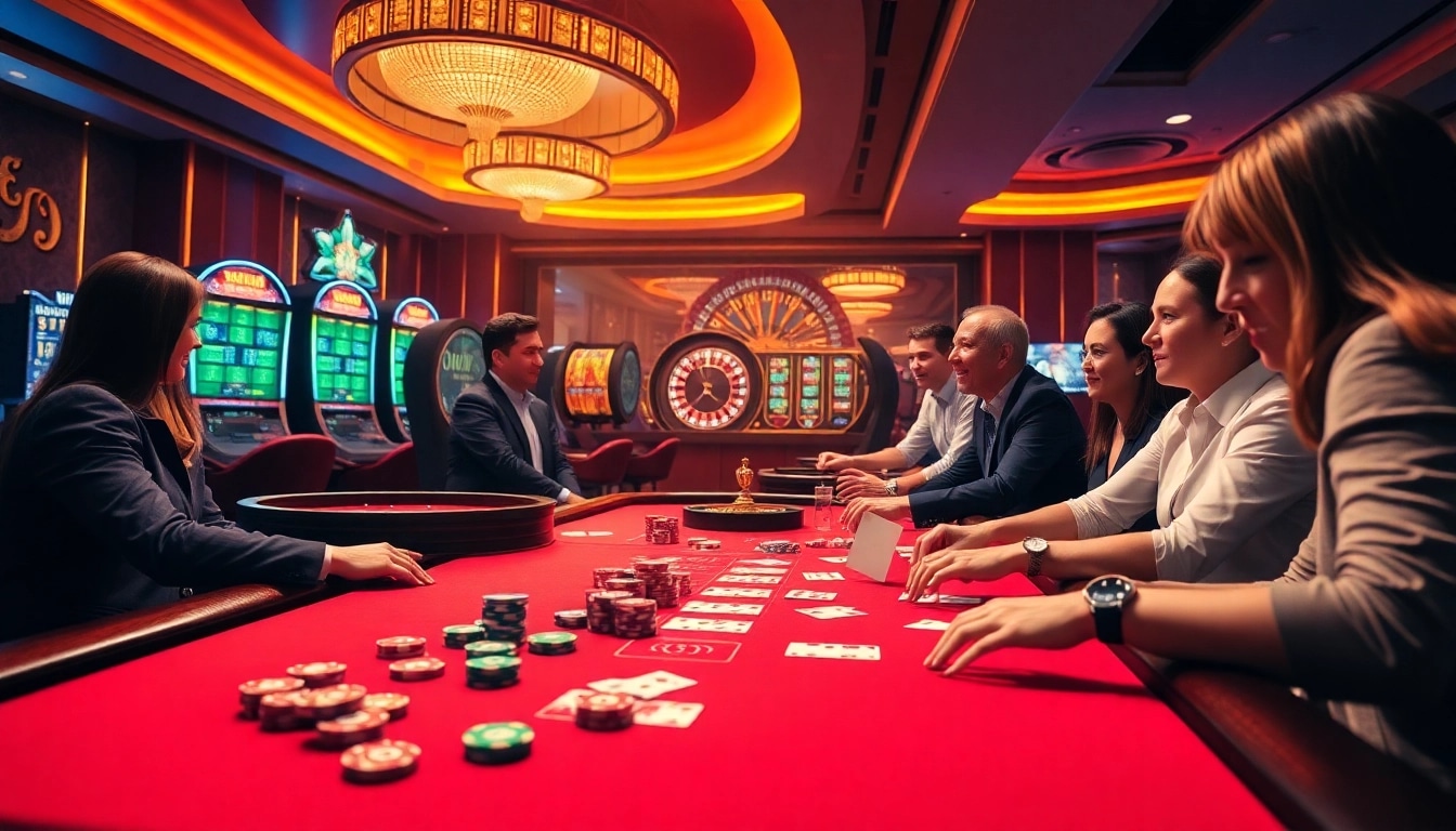 Players enjoying a thrilling game at 8day casino with vibrant poker chips and a glowing roulette wheel.