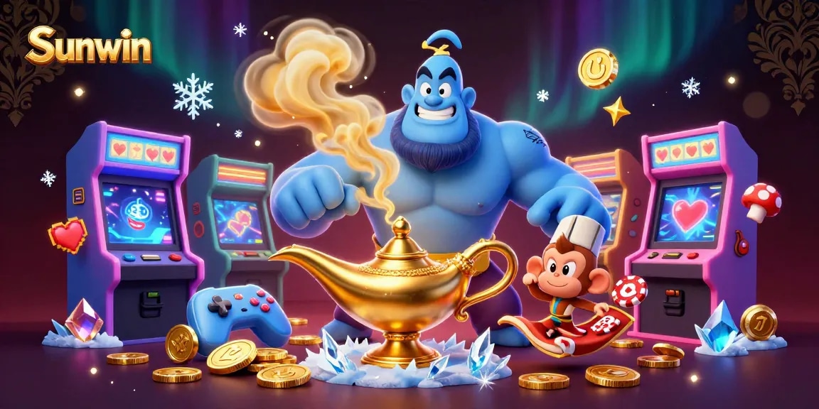Sunwin casino game illustration with vibrant characters, a genie, and magical elements