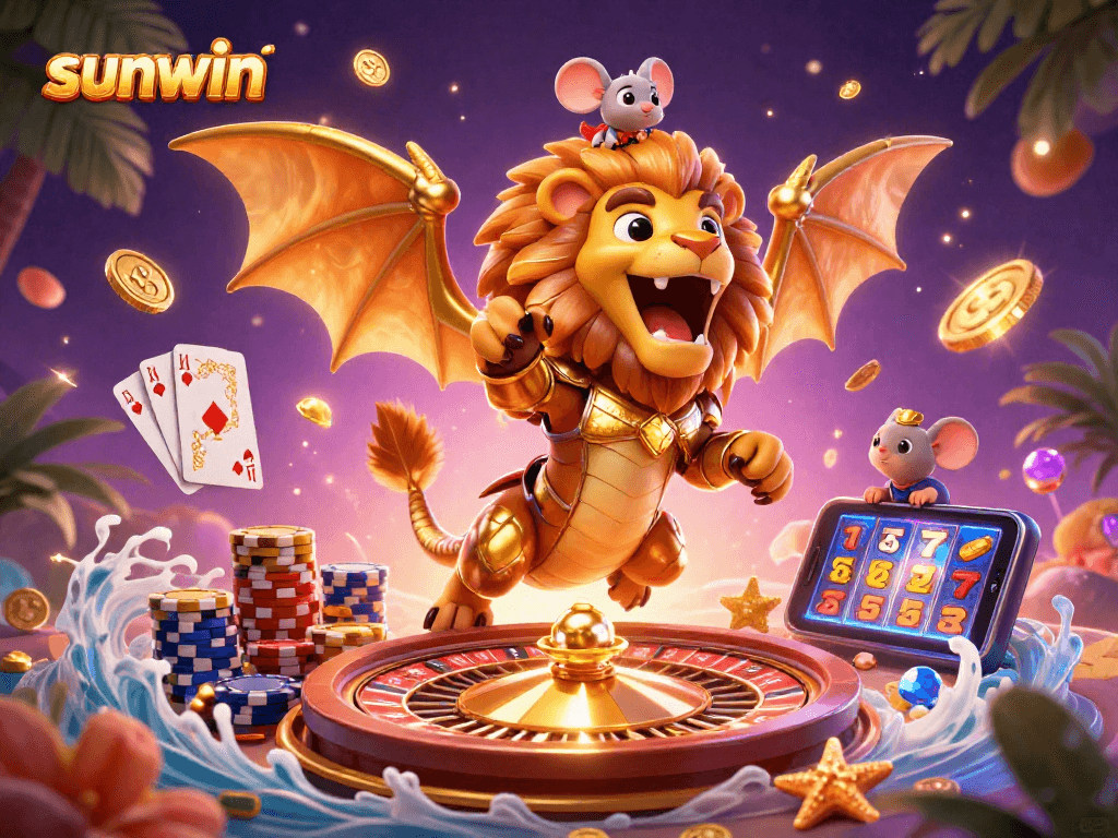 Experience the thrill of sunwin with this dynamic 3D casino illustration showcasing vibrant characters and elements.