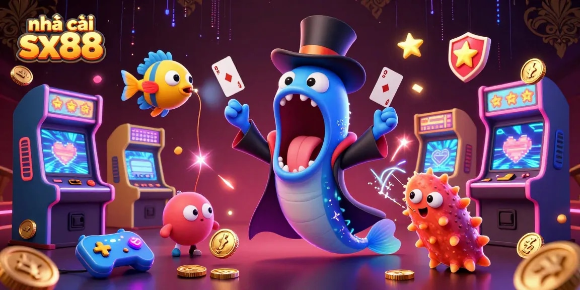Engage with nhà cái sx88 featuring vibrant 3D characters in a casino-themed illustration filled with action.