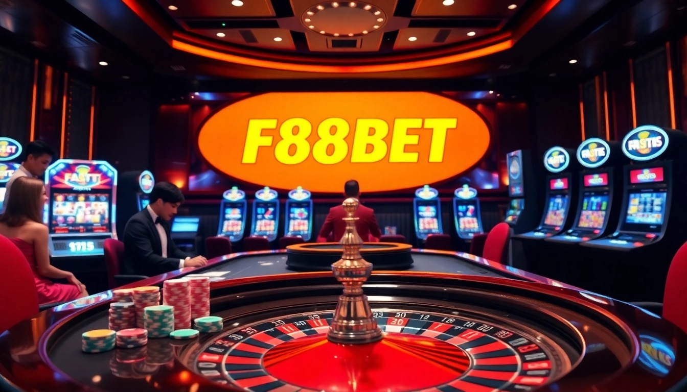 Engaging gamblers at a luxurious F88BET online casino poker table with vibrant gaming elements.