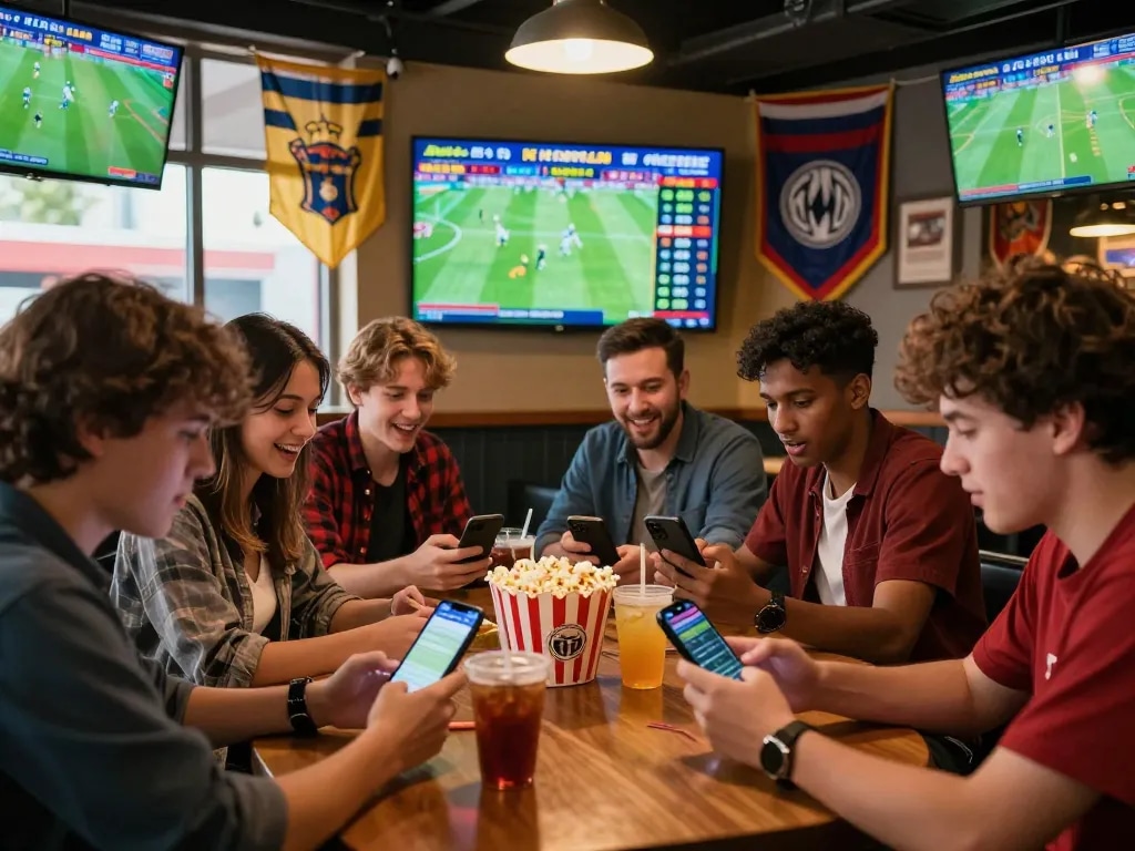 Fans engaging in live football matches checking kèo nhà cái updates in a vibrant sports bar setting.