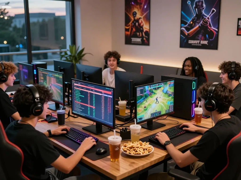 Exciting Kwin gaming environment with friends enjoying various games and vibrant atmosphere.