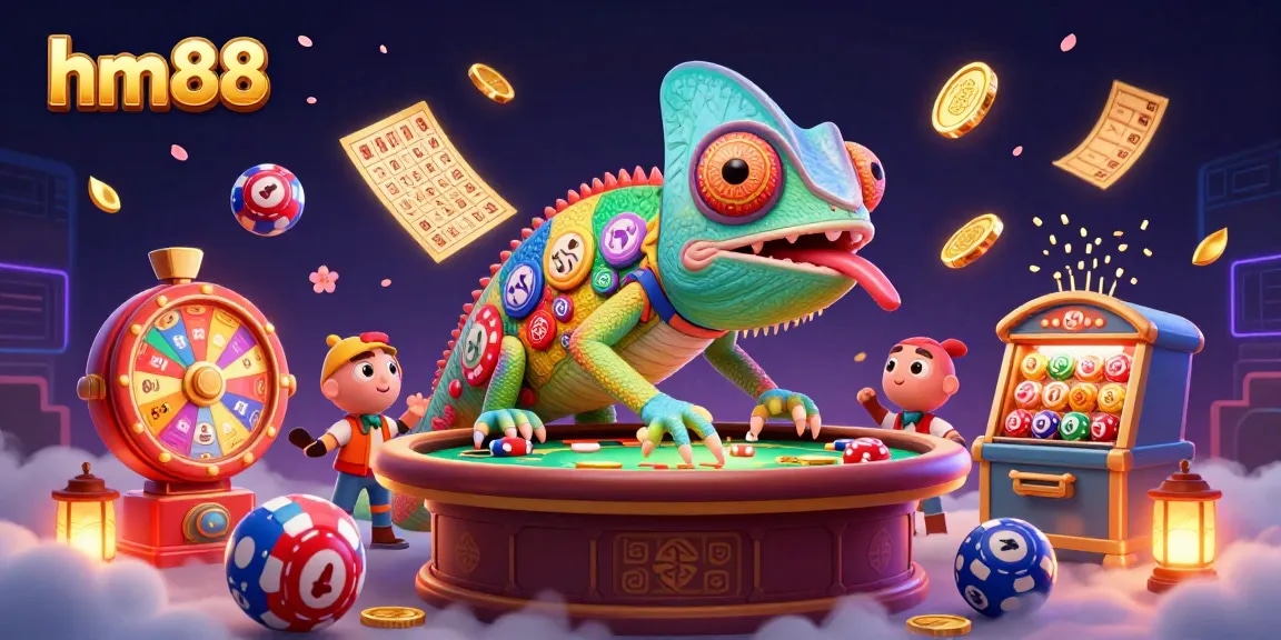 Engage in thrilling gameplay at hm88 with a vibrant casino scene enriched by golden coins and lively lottery balls.
