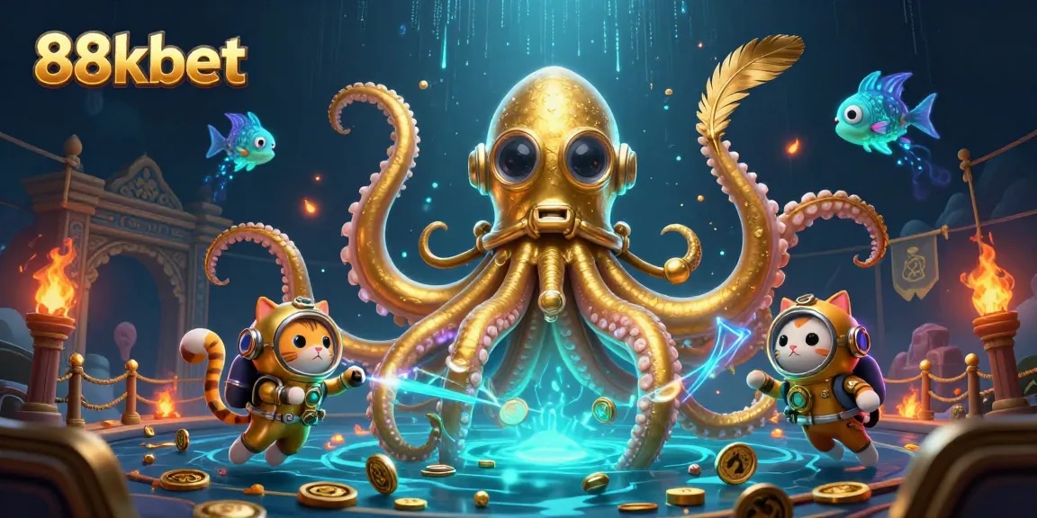 Engage with the vibrant 88kbet scene featuring a colossal kraken and a diving cat amidst a treasure-filled ocean.