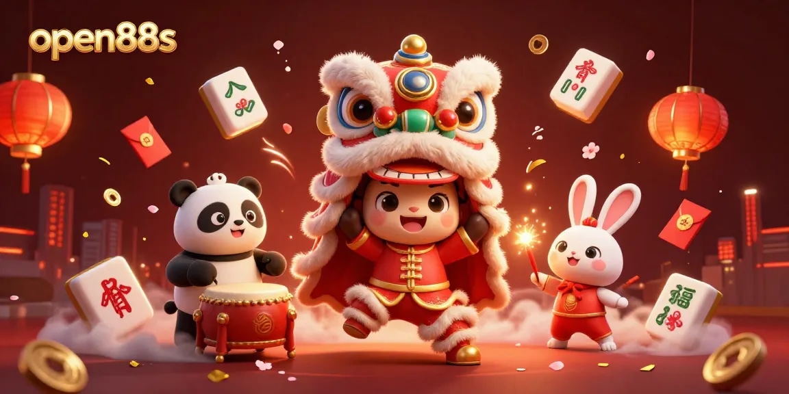 Experience gaming thrills at open88s with dynamic characters celebrating the festival, surrounded by vibrant casino elements.