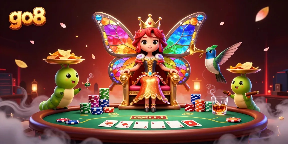 Engage in thrilling games at go8, featuring a vibrant casino scene with poker elements and playful characters.