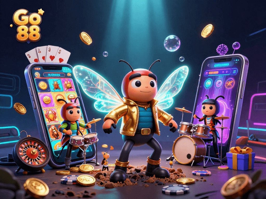 Play exciting games and win big with Go 88 in a vibrant 3D casino scene.