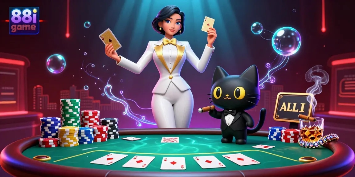 Experience the excitement of 88i game with a stylish poker scene featuring vibrant characters and dynamic chips.