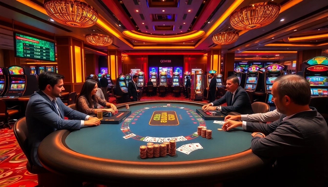 Players enjoying qh88 casino games at a vibrant gaming table, showcasing excitement and luxury.