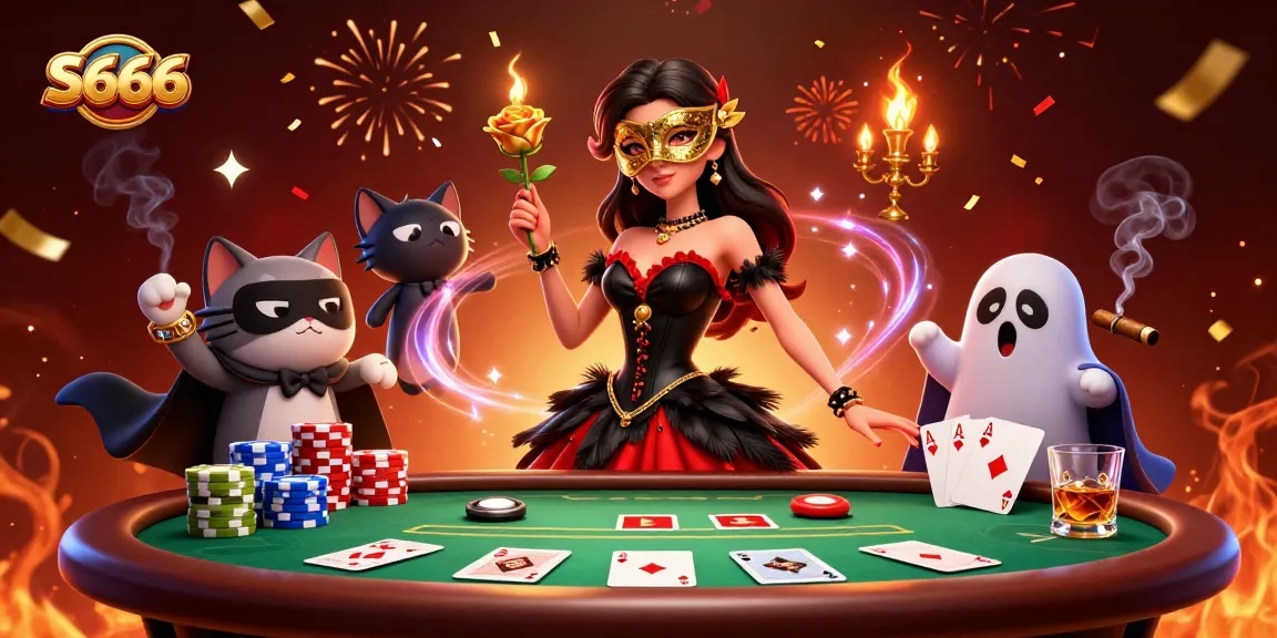 S666 celebrates winning moments with a captivating casino scene featuring a glamorous woman and game elements.